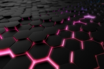 Futuristic glowing hexagonal pattern with neon lights in abstract design. 3d render