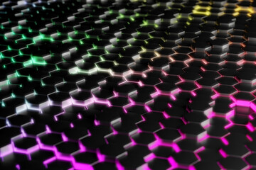 Abstract colorful hexagonal pattern with neon glow in dynamic 3d design.3d render