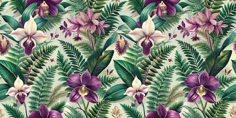 Vibrant floral pattern featuring lush green leaves and exquisite orchids in purple and white hues.