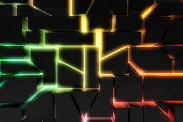Abstract geometric blocks with glowing neon lights in dark setting. 3d render