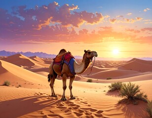 Camel in the desert at sunset, with golden sand dunes and vibrant sky
