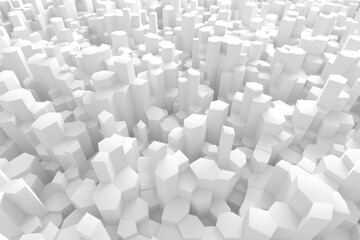 Abstract 3d render of white geometric hexagonal cityscape for modern design and architecture