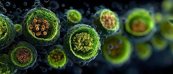 Microscopic spheres with internal cellular structures float in a dark environment.