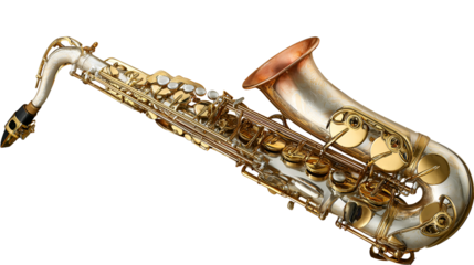 Close up of a brass saxophone isolated on transparent background
