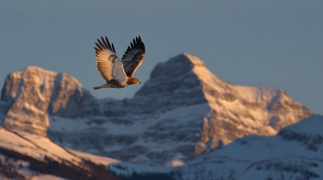 Majestic bird of prey soars above snow-covered alpine peaks during sunrise or sunset - Powered by Adobe