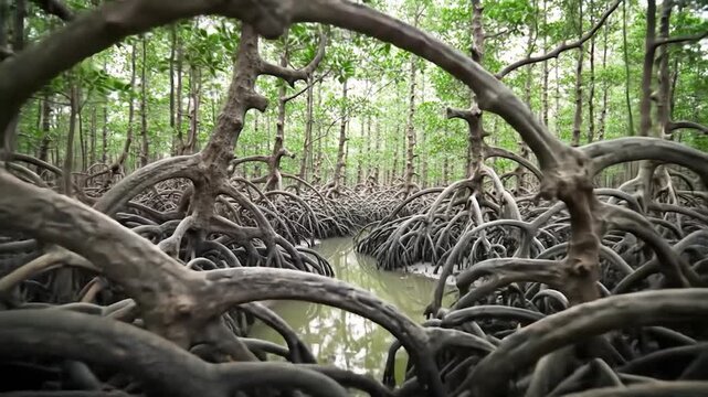 Mangrove forest roots structure in tropical environment scenic view