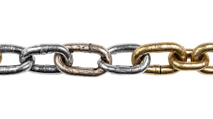 Obraz premium Close up of a metal chain with gold and silver links isolated on transparent background