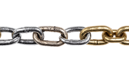 Close up of a metal chain with gold and silver links isolated on transparent background
