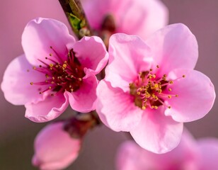 Close-up shot of delicate pink blossoms on a spring tree branch