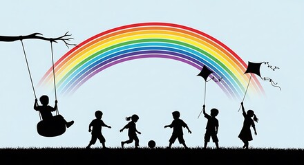 Children Playing Under Rainbow Silhouette Illustration