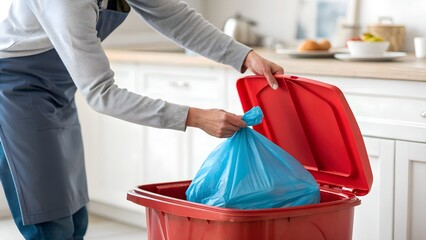Household Waste Disposal A Woman Tying a Blue Garbage Bag and Discarding It into a Red Kitchen Bin for Proper Waste Management
