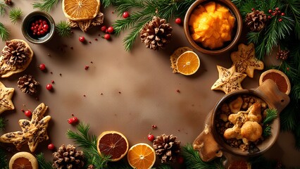 A festive arrangement featuring cookies, dried fruits, and pine branches, evoking a warm, holiday atmosphere.