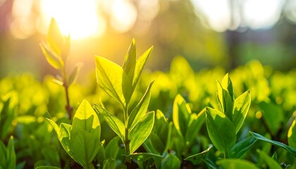 Close-up shot of vibrant green foliage backlit by the golden sunlight