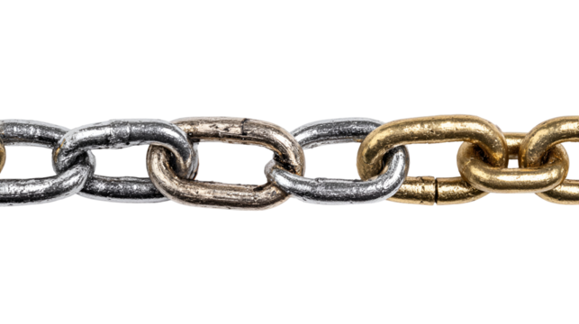 Close up of a metal chain with gold and silver links isolated on transparent background