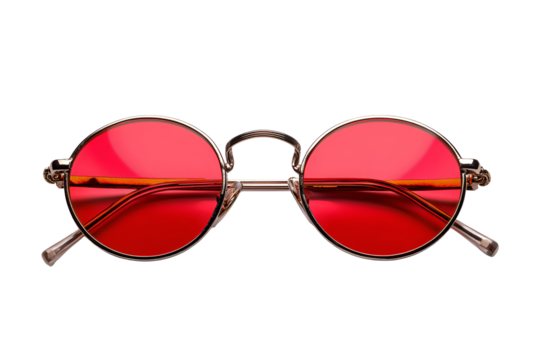 Round red tinted sunglasses with metal frames isolated on transparent background