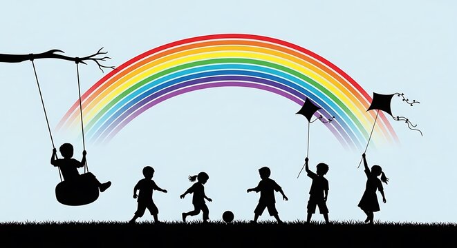 Children Playing Under Rainbow Silhouette Illustration