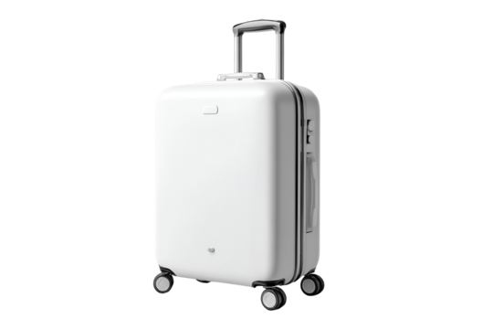 White rolling suitcase with telescopic handle isolated on transparent background - Powered by Adobe