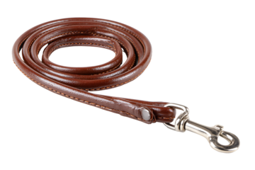 Rolled brown leather dog leash with metal clip isolated on transparent background