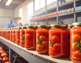 Canned tomatoes in jars on production line with workers in background