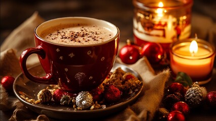 A cozy holiday scene featuring a red cup of hot beverage surrounded by festive decorations and candles.