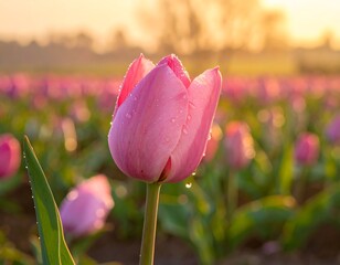 Close-up of a pink tulip flower with water droplets at sunrise or sunset