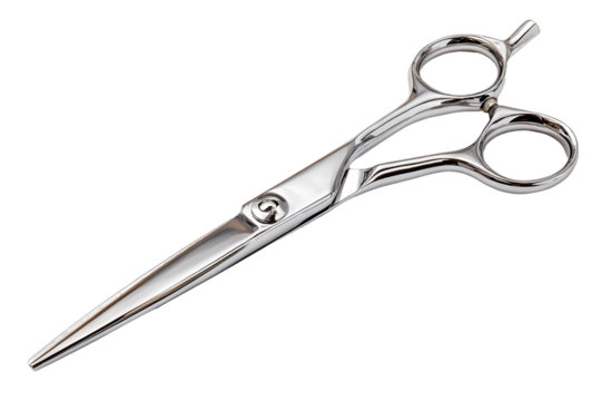 Professional silver hair cutting scissors isolated on transparent background