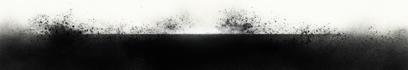 Fototapeta premium Abstract black and white artwork featuring a dense black horizontal band with scattered black speckles and splatters blending into a white background, evoking a sense of dynamic energy and contrast