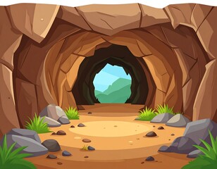Cartoon illustration of a cave entrance with a view of mountains and the sky