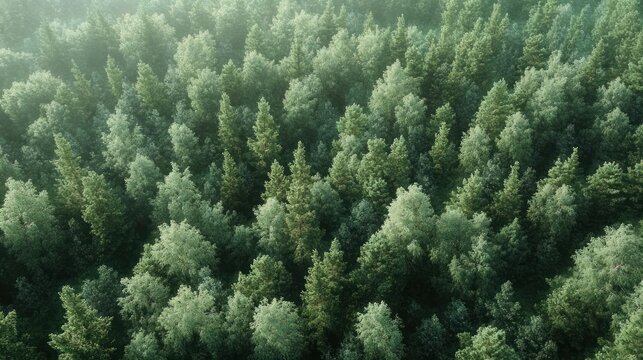 Aerial view of a dense evergreen forest with lush green trees bathed in soft natural light creating a calm and serene atmosphere