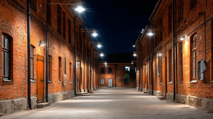 Historic brick alleyway illuminates brightly under the dark night sky