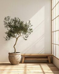 Minimalist Japandi interior design with a potted olive tree on a wooden floor. Sunlight from a Japanese grid window casts shadows on a beige wall. Serene Zen or Wabi-Sabi aesthetic background with cop