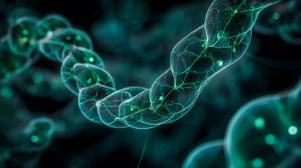 Illuminated molecular chain glows with interconnected digital network elements.
