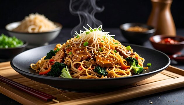Delicious Asian noodles with vegetables, steaming on a dark plate - Powered by Adobe
