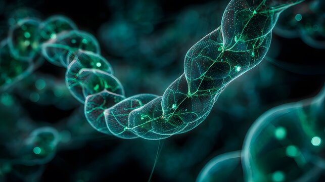 Illuminated molecular chain glows with interconnected digital network elements. - Powered by Adobe