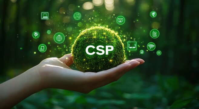 Hand holding a glowing moss-covered sphere with floating green digital icons representing technology and environment connectivity in a natural forest setting