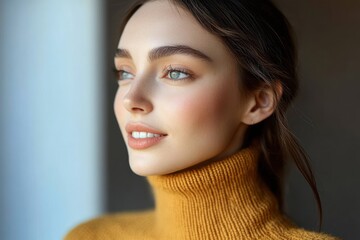 close-up portrait of a young woman with clear skin and blue eyes wearing a mustard yellow turtleneck sweater looking thoughtfully out of frame with a slight smile