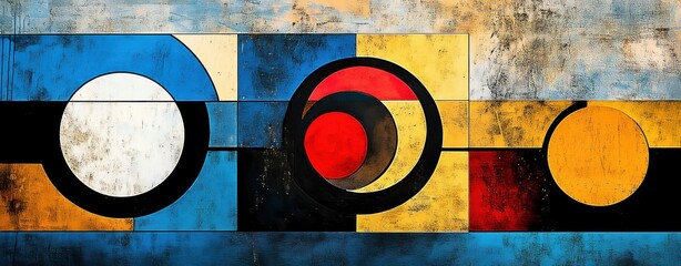 Abstract geometric artwork featuring overlapping circles and rectangles in blue, yellow, red, black, and white with a textured background conveying modern and dynamic energy