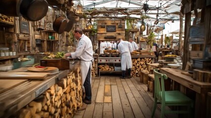 Chefs prepare food in a rustic restaurant kitchen with wooden interior