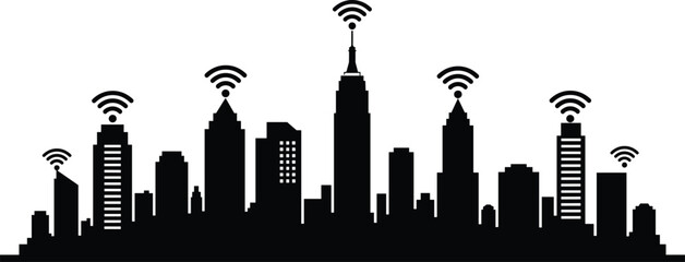 Obraz premium Smart city skyline with wireless network connection, modern digital communication technology concept, black and white illustration for futuristic urban design