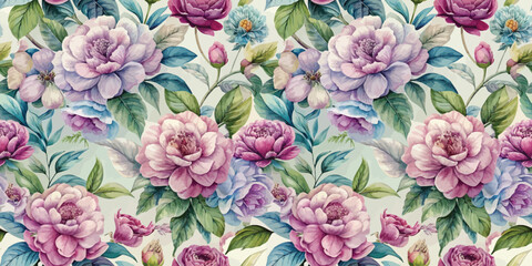 A vibrant floral pattern featuring blooming peonies and blue florals in shades of pink and purple.