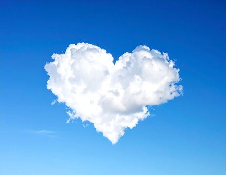 A fluffy white cloud shaped like a heart in a bright blue sky