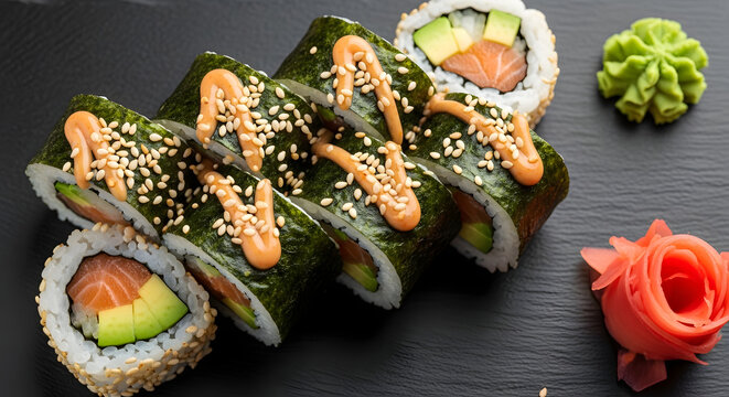 Assorted sushi rolls and condiments platter png image