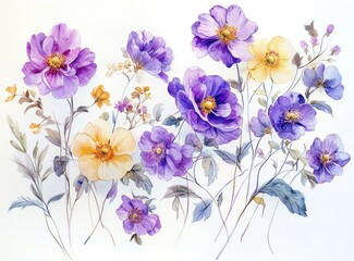 Delicate watercolor painting of various purple and yellow flowers with slender stems and soft leaves on a white background conveying a calm and elegant mood