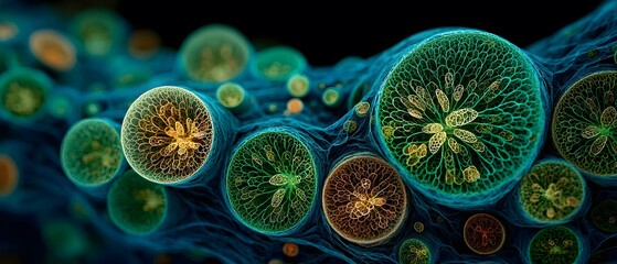 Microscopic organisms with intricate cellular structures glow vibrantly.