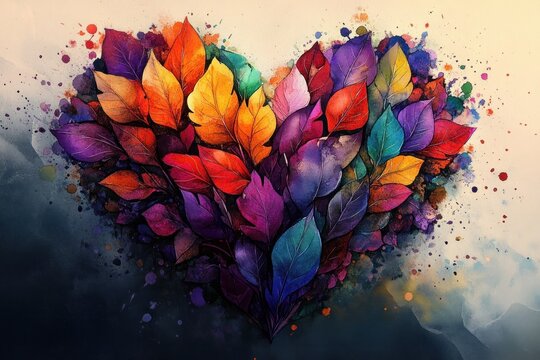 Vibrant heart shape composed of colorful leaves in shades of red, purple, orange, yellow, and blue with artistic splatter background evokes creativity and warmth - Powered by Adobe