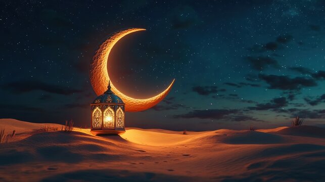 ornate lantern glowing warmly on sandy desert ground beneath a large glowing crescent moon in a starry night sky