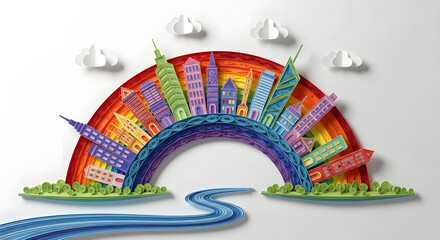 Dream city on vibrant rainbow arch png image