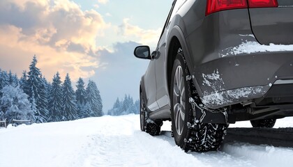 Rear view of a gray vehicle with snow-covered tires on a snowy road