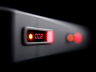 Digital display inside data center equipment showing status with red and orange lights on black background