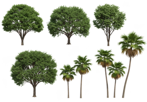 Collection of diverse green trees isolated for design and architectural visualization projects isolated on transparent background
